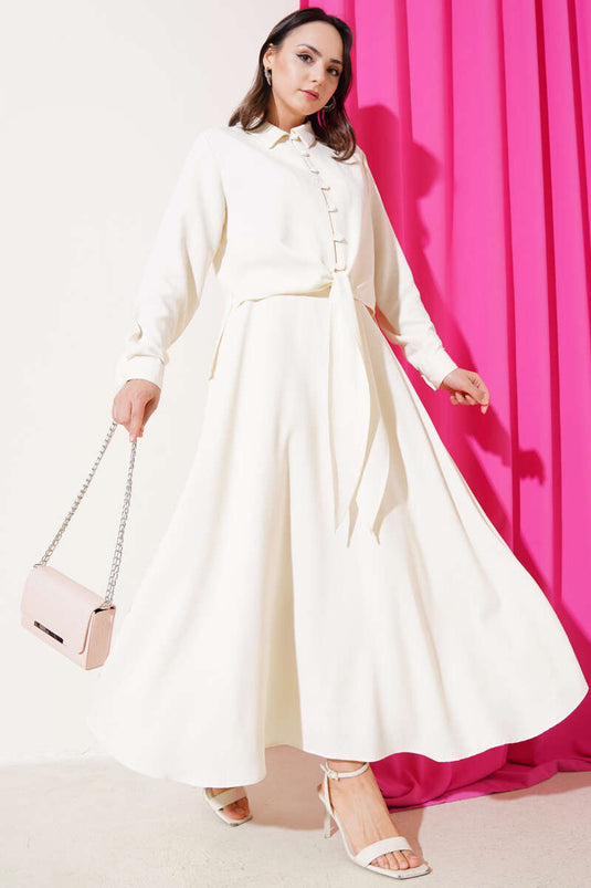 Önü Düğmeli Keten Etekli Takım Krem