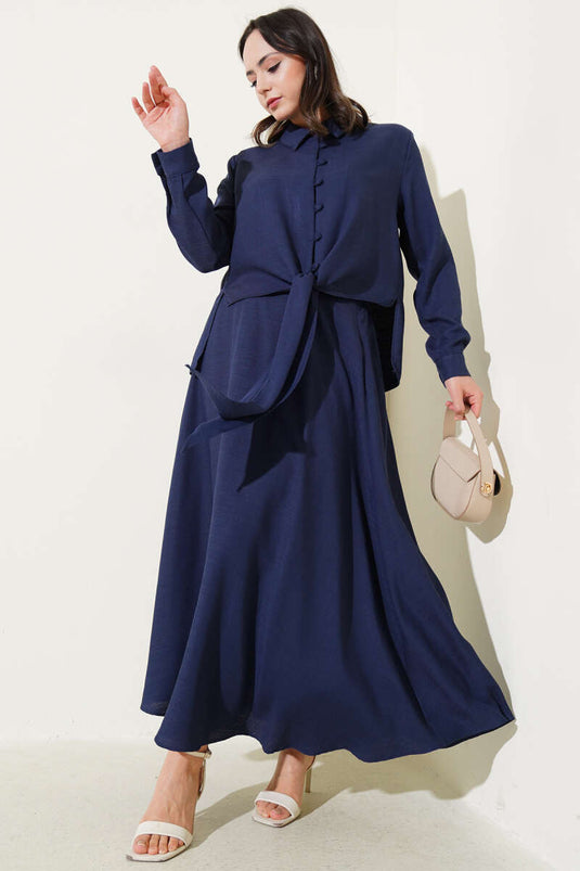 Önü Düğmeli Keten Etekli Takım Lacivert