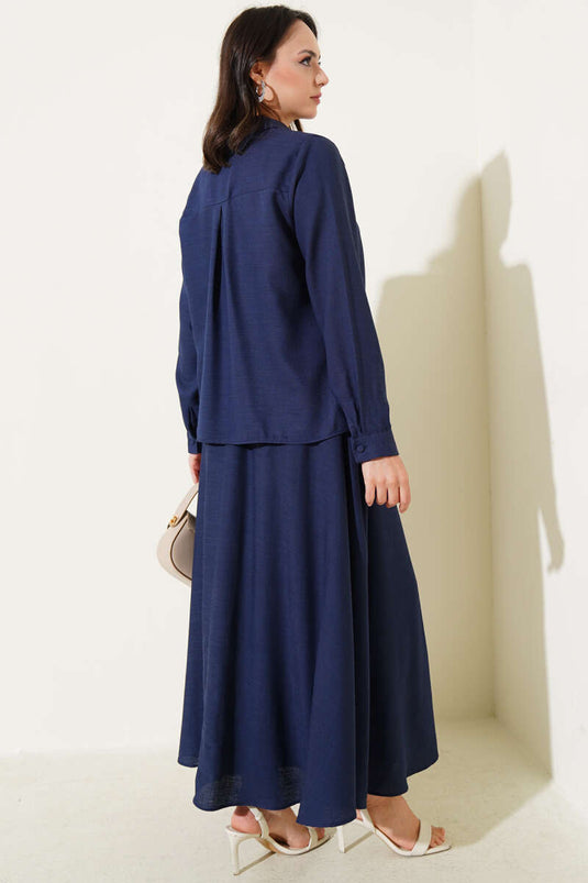 Önü Düğmeli Keten Etekli Takım Lacivert