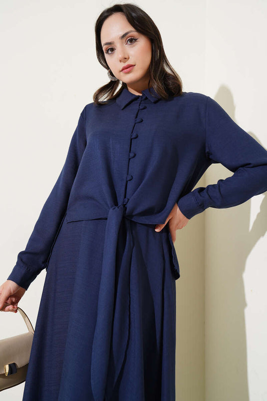Önü Düğmeli Keten Etekli Takım Lacivert
