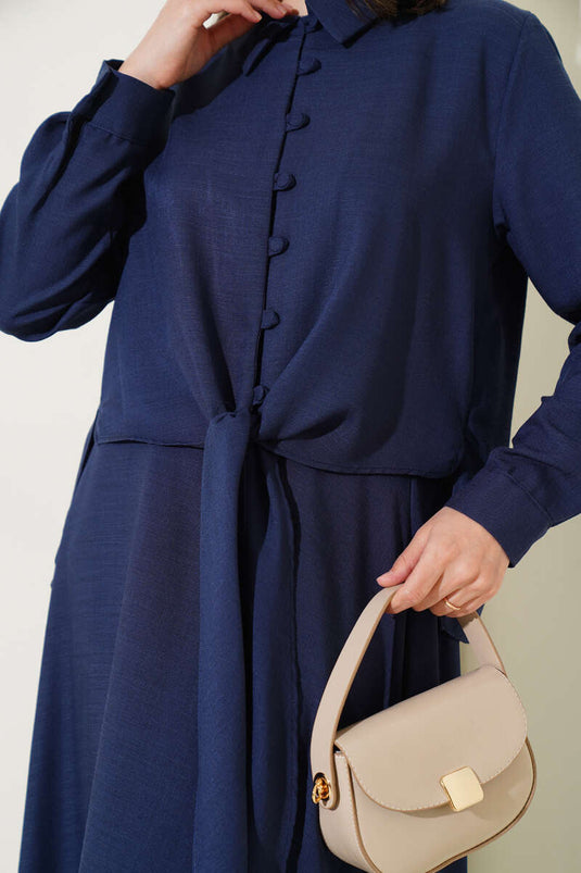 Önü Düğmeli Keten Etekli Takım Lacivert