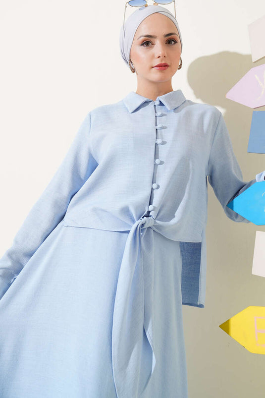 Önü Düğmeli Keten Etekli Takım Mavi