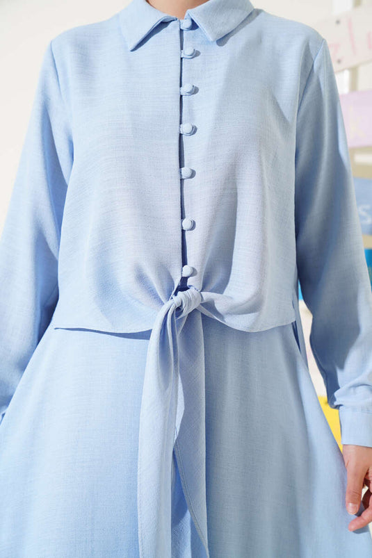 Önü Düğmeli Keten Etekli Takım Mavi