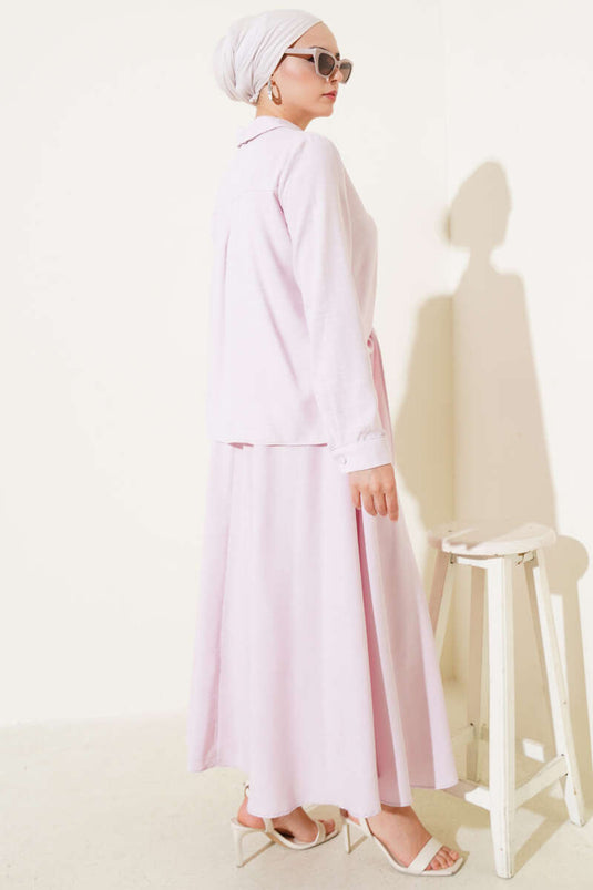 Önü Düğmeli Keten Etekli Takım Pudra