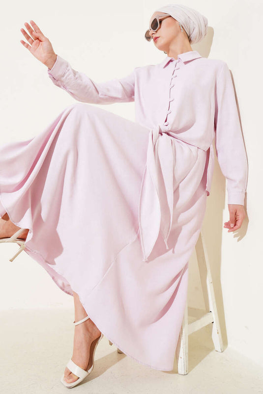 Önü Düğmeli Keten Etekli Takım Pudra