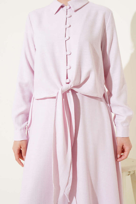 Önü Düğmeli Keten Etekli Takım Pudra