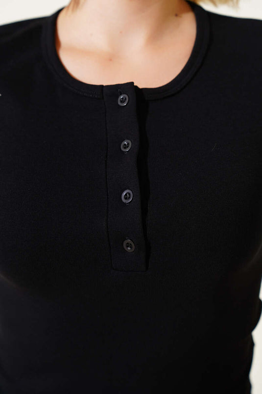Buttoned Front Short Sleeve Ribbed Blouse Black