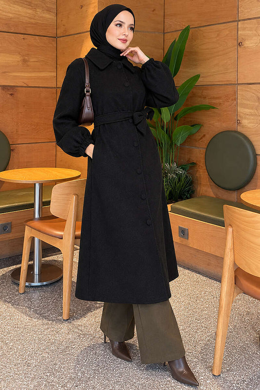 Manteau En Laine Noir À Boutons Et Ceinture