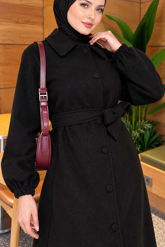 Manteau En Laine Noir À Boutons Et Ceinture