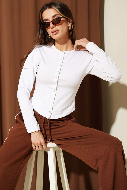 Long Sleeve Front Button Blouse White