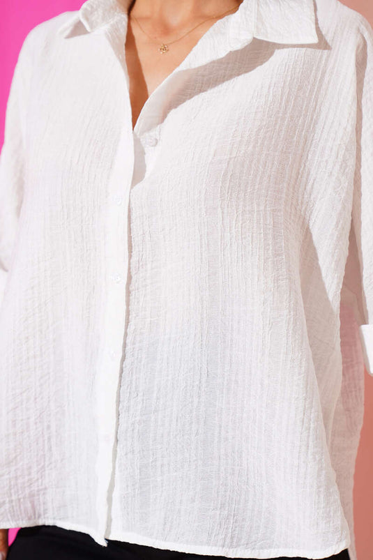 Önü Düğmeli Yarım Kollu Gömlek Beyaz