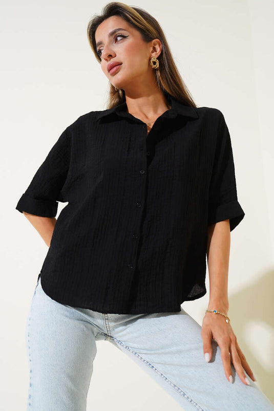 Önü Düğmeli Yarım Kollu Gömlek Siyah