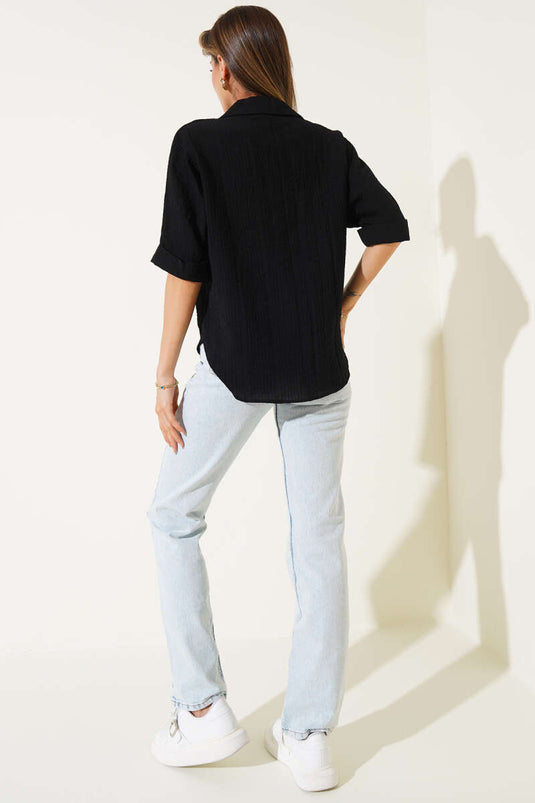 Önü Düğmeli Yarım Kollu Gömlek Siyah