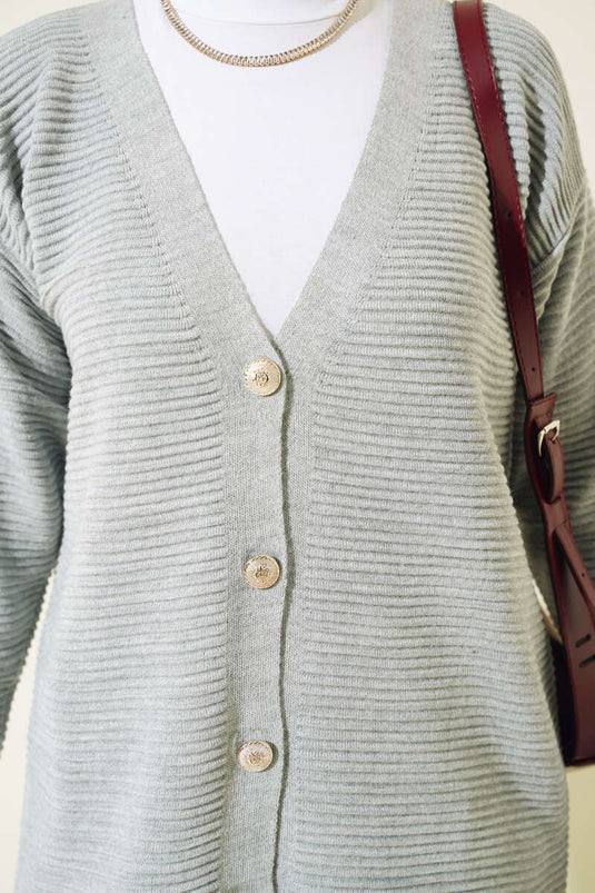 Cardigan En Maille Côtelé Horizontal Boutonné Sur Le Devant Gris