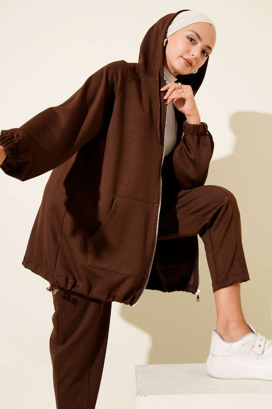 Zippered Front Hooded Two Piece Suit Brown