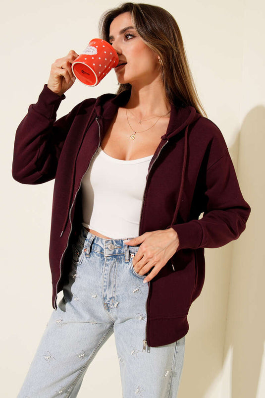 Önü Fermuarlı Kapüşonlu Hırka Mürdüm