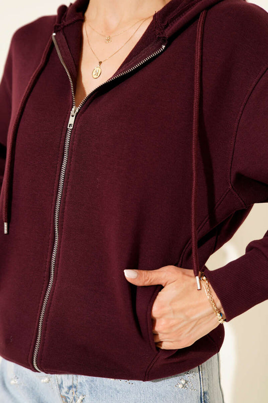 Önü Fermuarlı Kapüşonlu Hırka Mürdüm