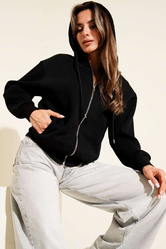 كارديجان أسود بغطاء رأس وسحاب أمامي