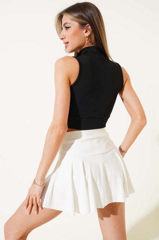 بلوزة قصيرة بدون أكمام بسحاب أمامي باللون الأسود