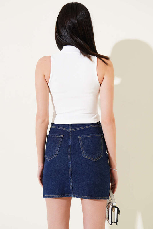 Önü Fermuarlı Kolsuz Kaşkorse Crop Beyaz