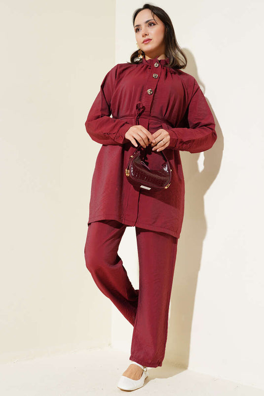 Önü Fermuarlı Kuşaklı İkili Takım Bordo