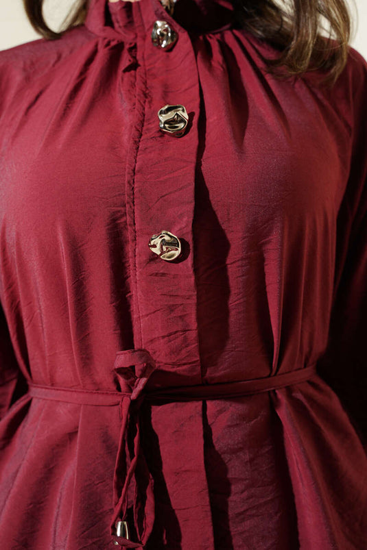 Önü Fermuarlı Kuşaklı İkili Takım Bordo