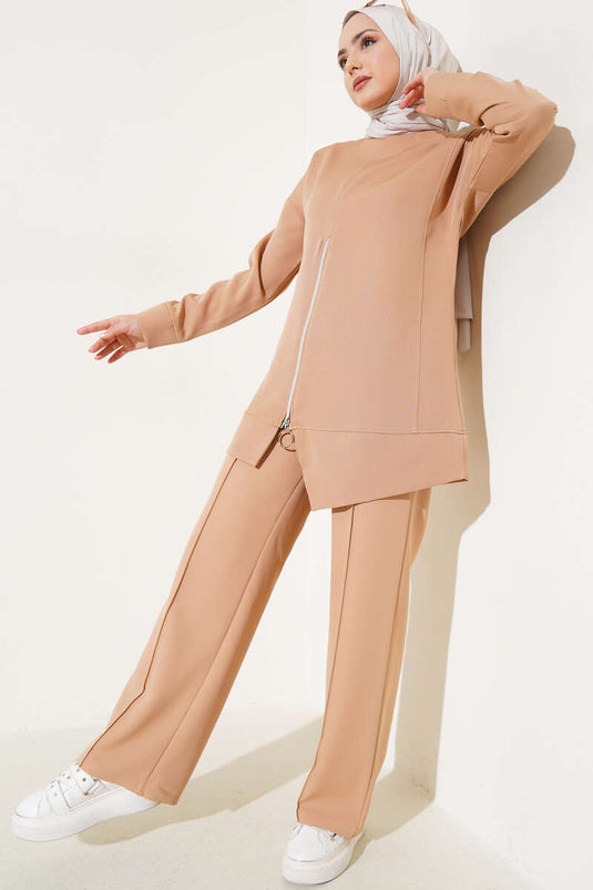 Zippered Tunic Two-Piece Set Camel