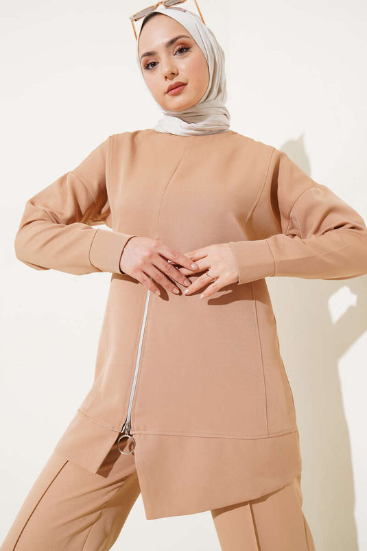 Zippered Tunic Two-Piece Set Camel