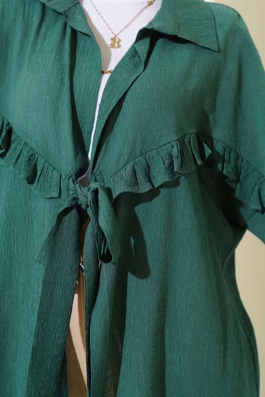 Önü Fırfır Bağlamalı Kimono Zümrüt