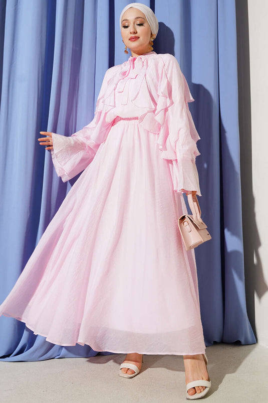 Önü Fırfır Detaylı Etekli İkili Takım Pembe