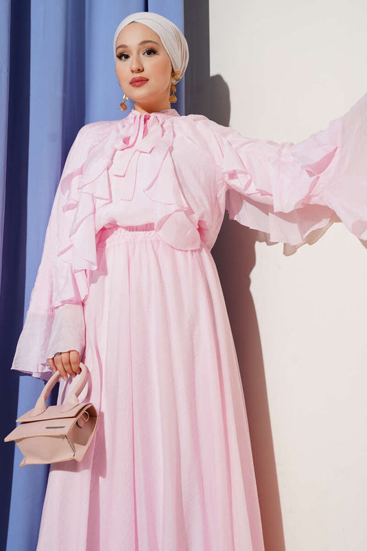 Önü Fırfır Detaylı Etekli İkili Takım Pembe