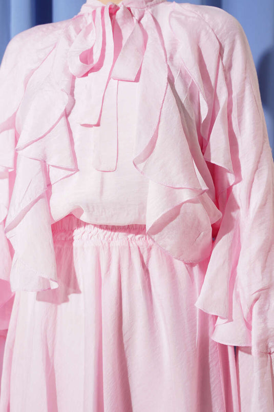 Önü Fırfır Detaylı Etekli İkili Takım Pembe