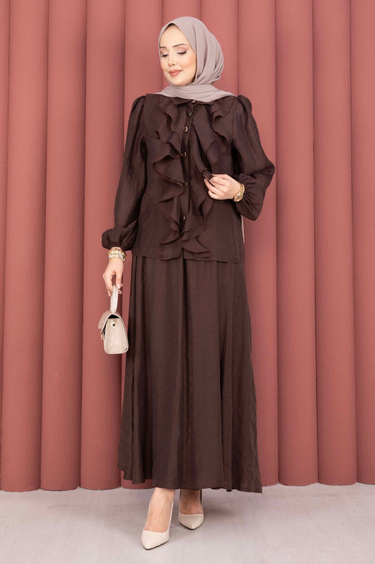 Modest Set with Ruffled Front and Skirt, Brown