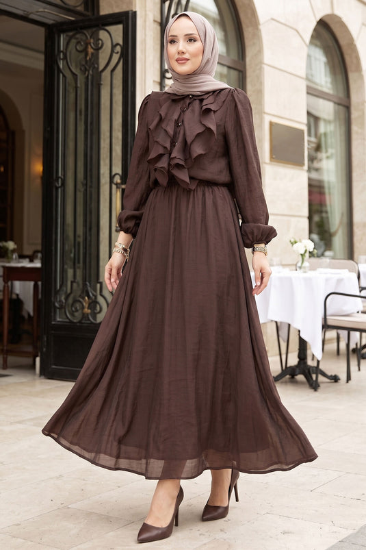 Modest Set with Ruffled Front and Skirt, Brown