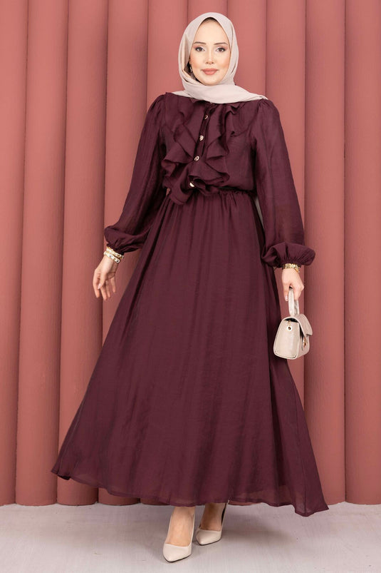 Modest Fashion Set with Ruffled Front Skirt in Burgundy