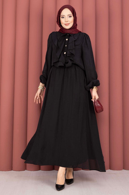 Modest Set with Ruffled Front and Skirt Black