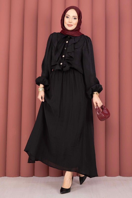 Modest Set with Ruffled Front and Skirt Black