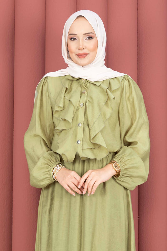Modest Set with Ruffled Front and Skirt in Olive Green