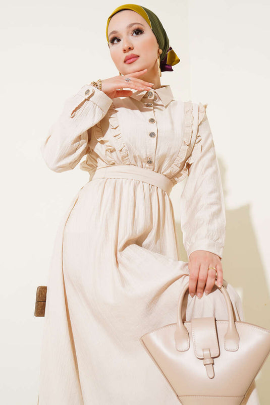 Kleid mit Rüschendetail vorne und Gürtel Beige