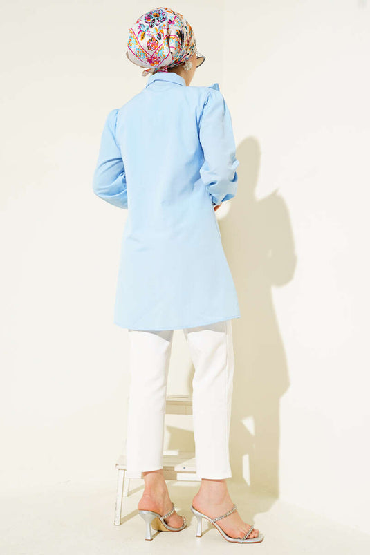 Front Ruffle Stone Stripe Transitional Buttoned Shirt Baby Blue