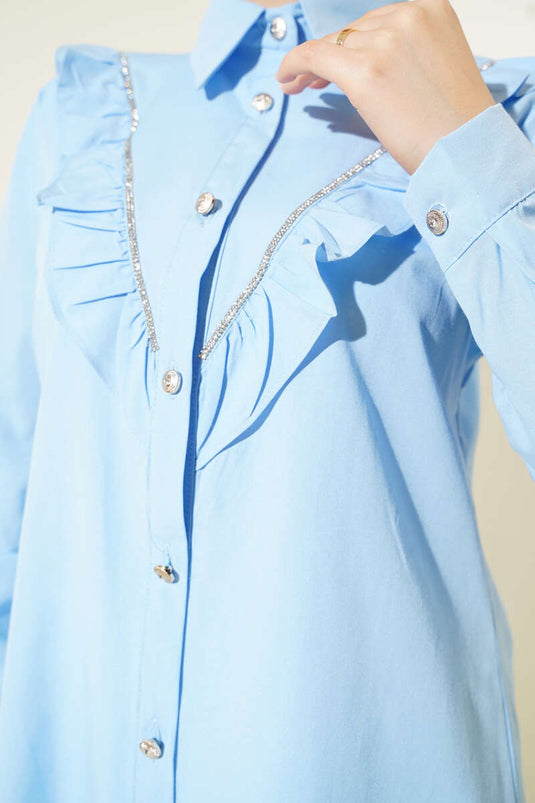 Front Ruffle Stone Stripe Transitional Buttoned Shirt Baby Blue