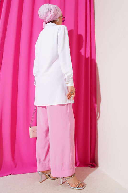 Chemise boutonnée transitionnelle à rayures et volants sur le devant, blanche