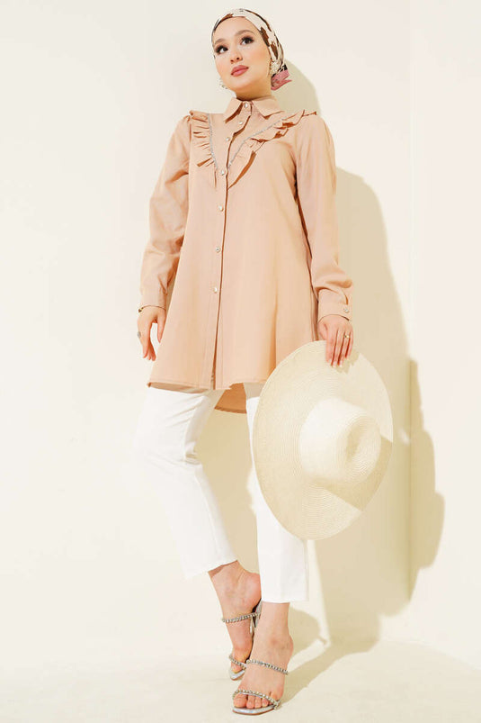 Front Ruffle Stone Stripe Transitional Buttoned Shirt Camel