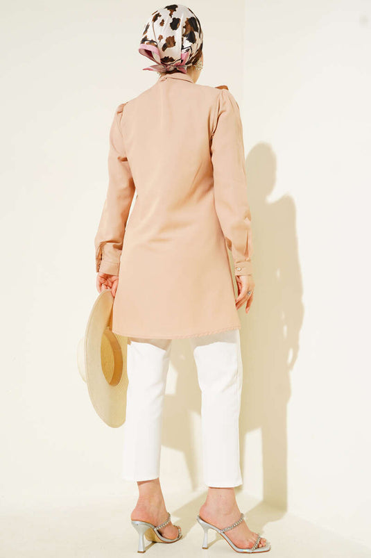 Front Ruffle Stone Stripe Transitional Buttoned Shirt Camel