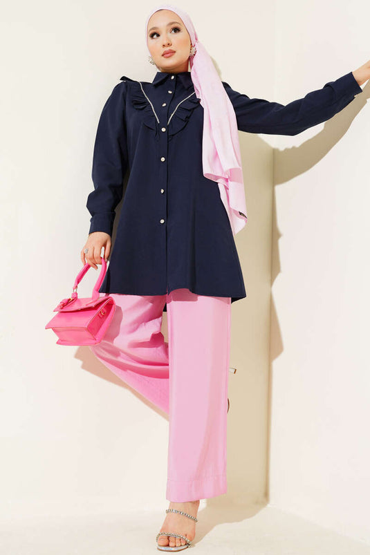 قميص انتقالي بأزرار مخططة بالحجارة من الأمام، أزرق داكن