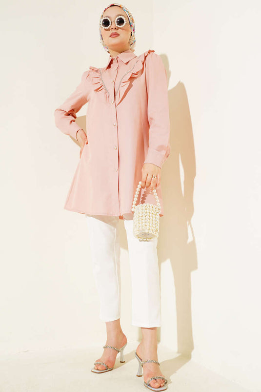 Önü Fırfır Taş Şerit Geçişli Düğmeli Gömlek Pudra