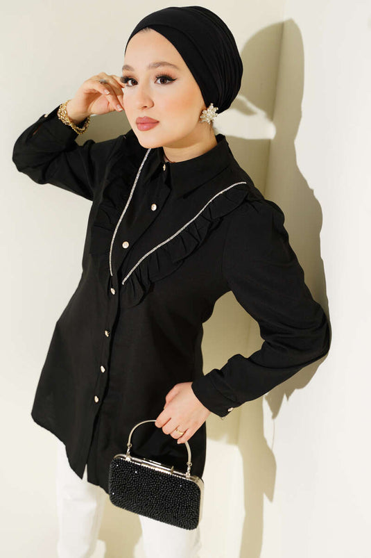 Chemise boutonnée transitionnelle à rayures et volants sur le devant, noire