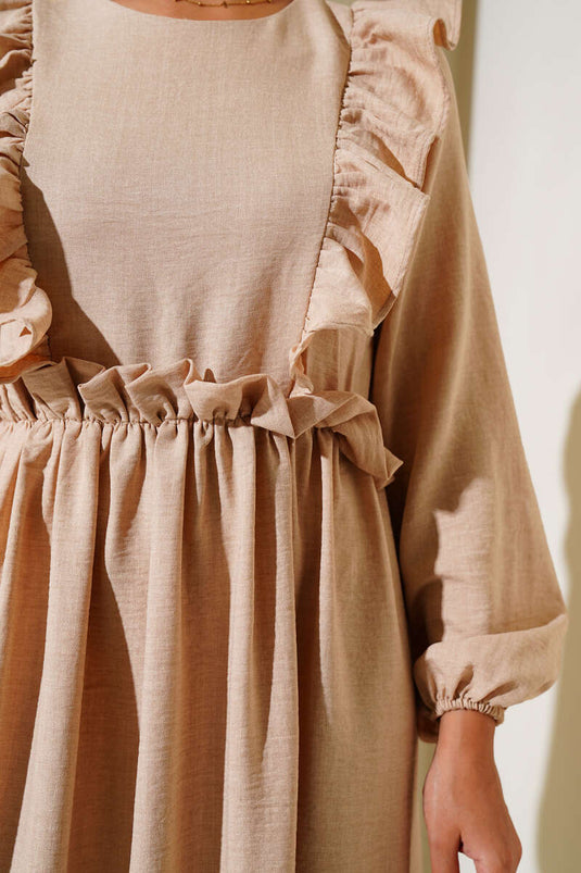 Dress with Ruffles on the Front and Elastic Waist, Beige