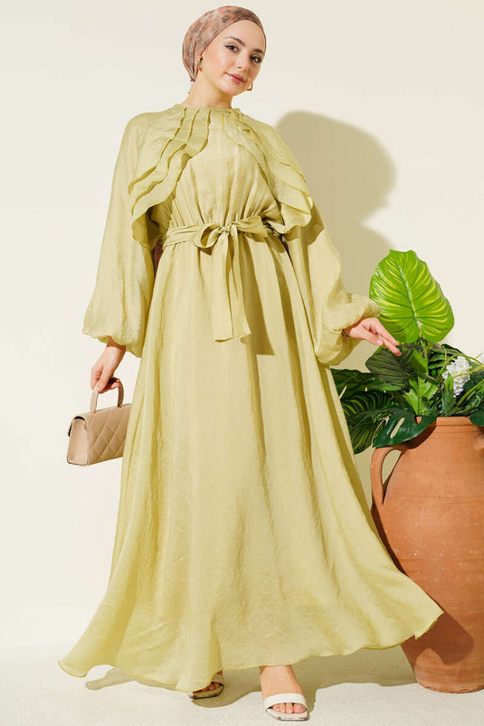 Robe à volants devant, taille élastique avec ceinture, couleur lime