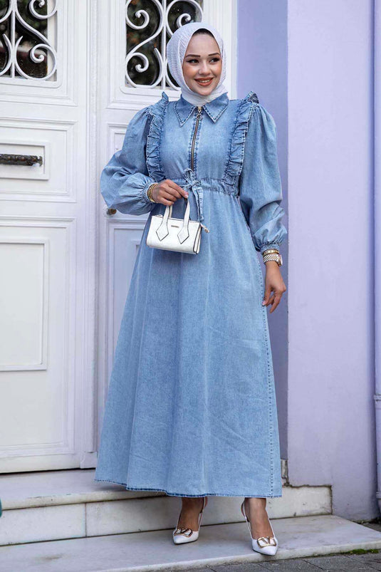 Önü Fırfırlı Beli Büzgülü Kot Elbise Mavi